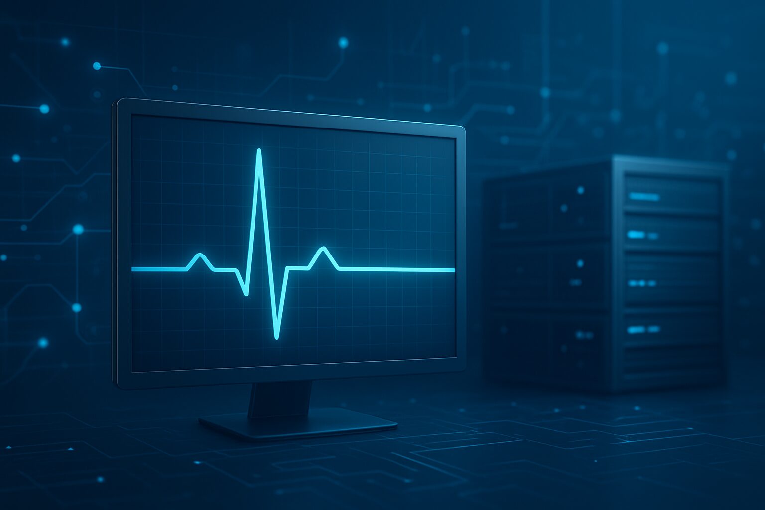 computer monitor displaying a heartbeat waveform with data server in the background