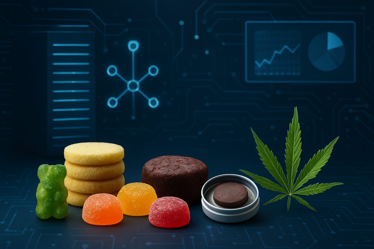 Various colorful cannabis-infused edibles on a tech-inspired background