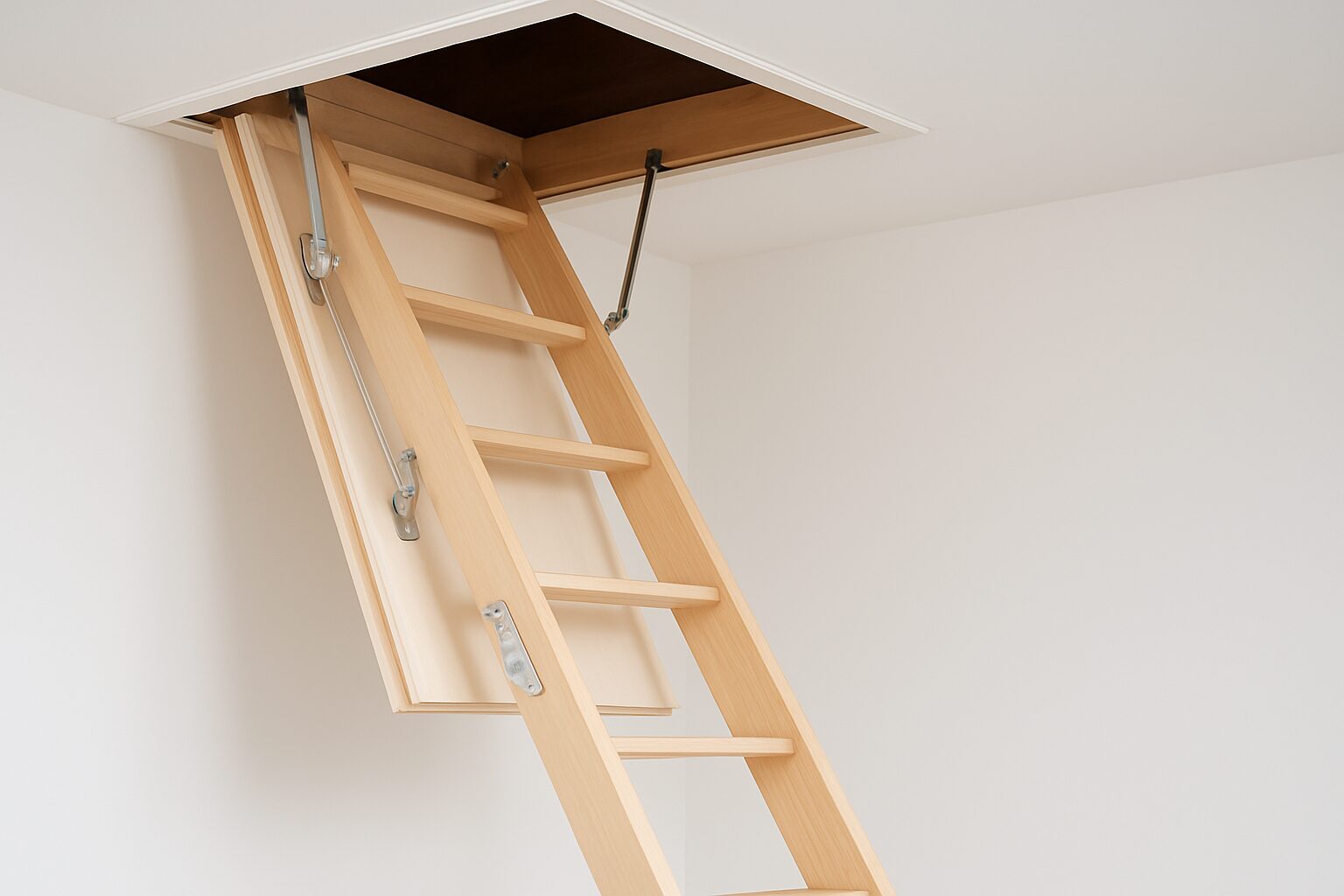 A wooden loft ladder extending from an attic opening in a ceiling