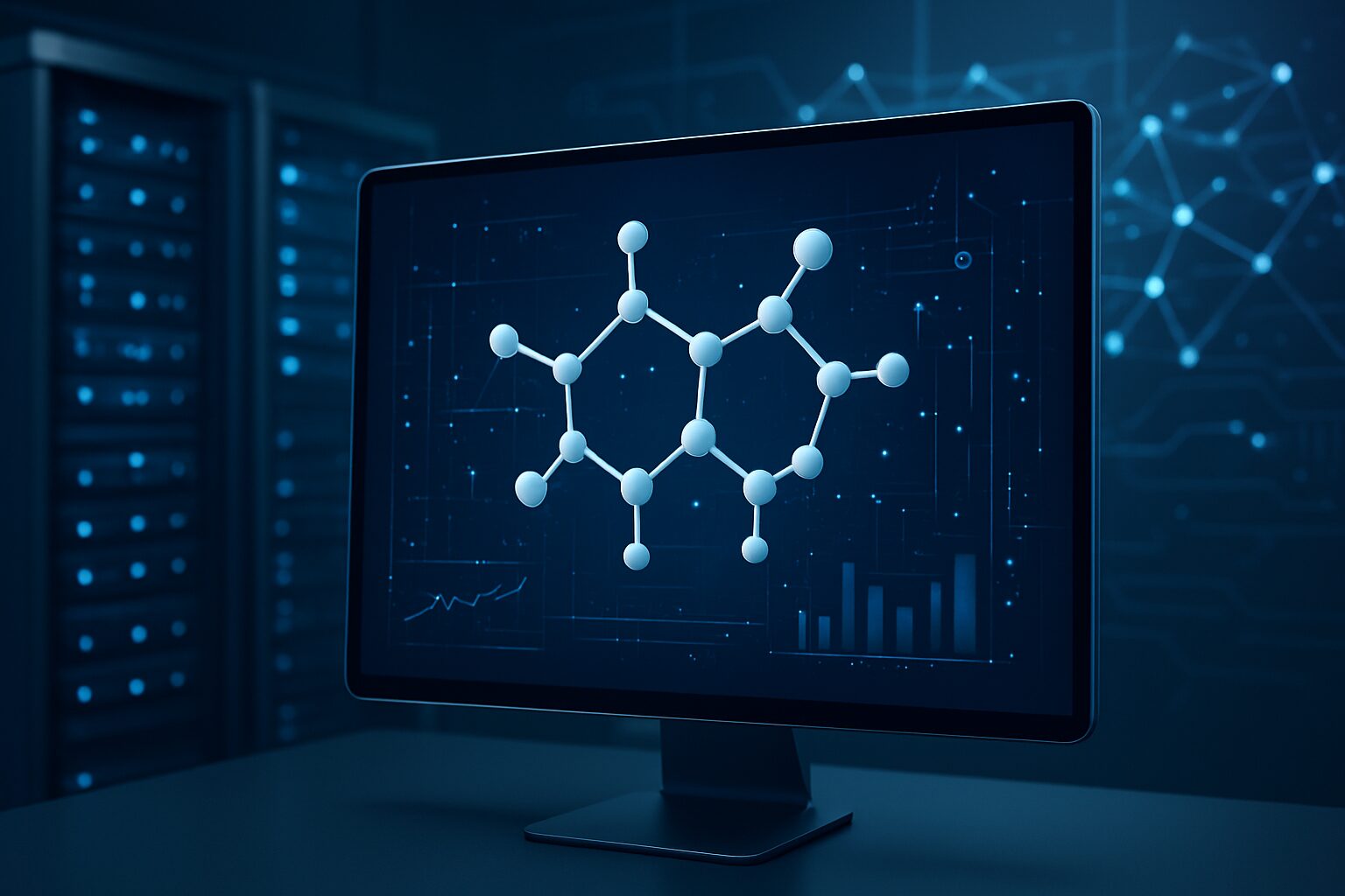 A computer screen displaying a molecular structure representation in a tech environment.